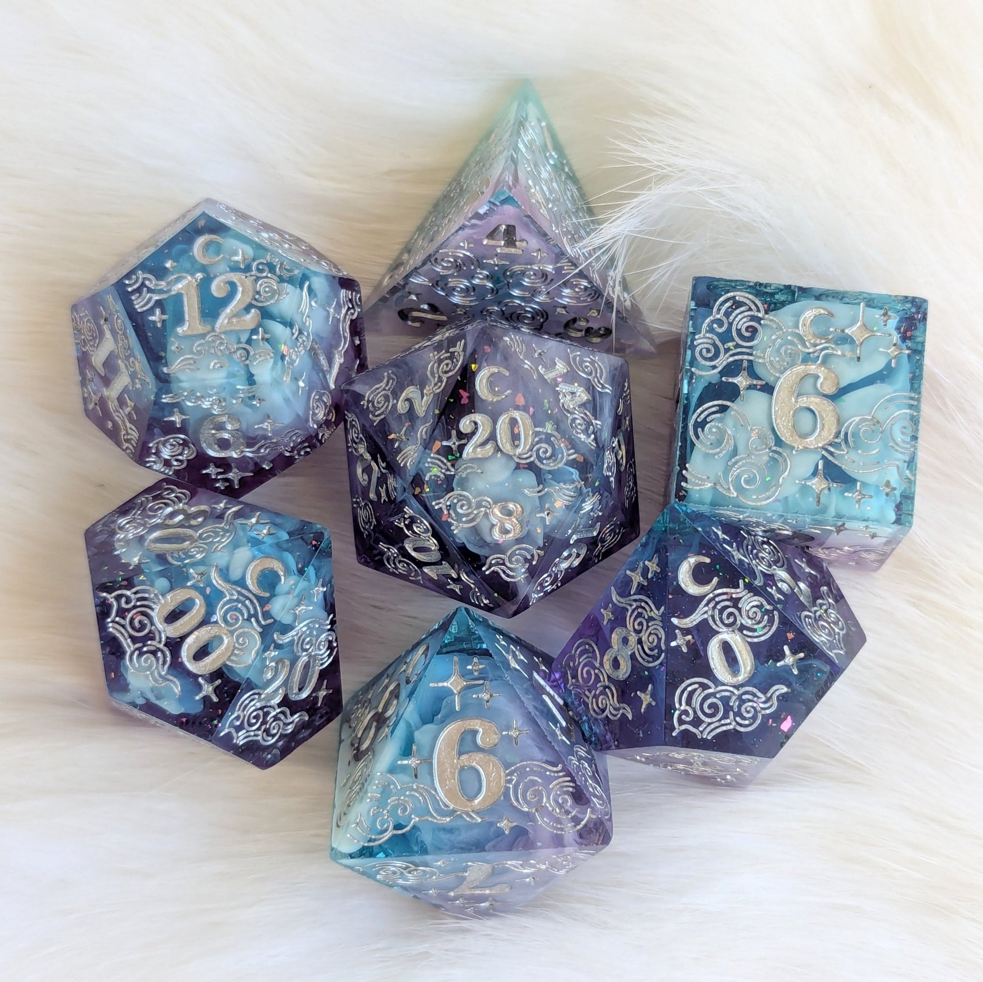 Dreamy Amethyst Sky Dice Set – Sharp Edge Purple Blue Glitter Resin | Fennek & Finch - Fennek and Finch