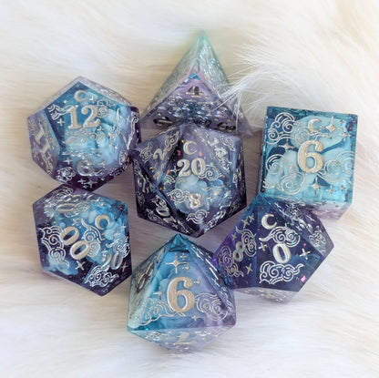 Dreamy Amethyst Sky Dice Set – Sharp Edge Purple Blue Glitter Resin | Fennek & Finch - Fennek and Finch