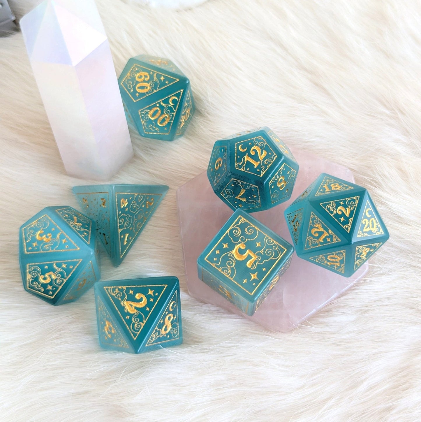 Dreamy Blue Cat's Eye Glass Dice Set – 7 - Piece Celestial DnD Dice with Gold Symbols | Fennek & Finch - Fennek and Finch