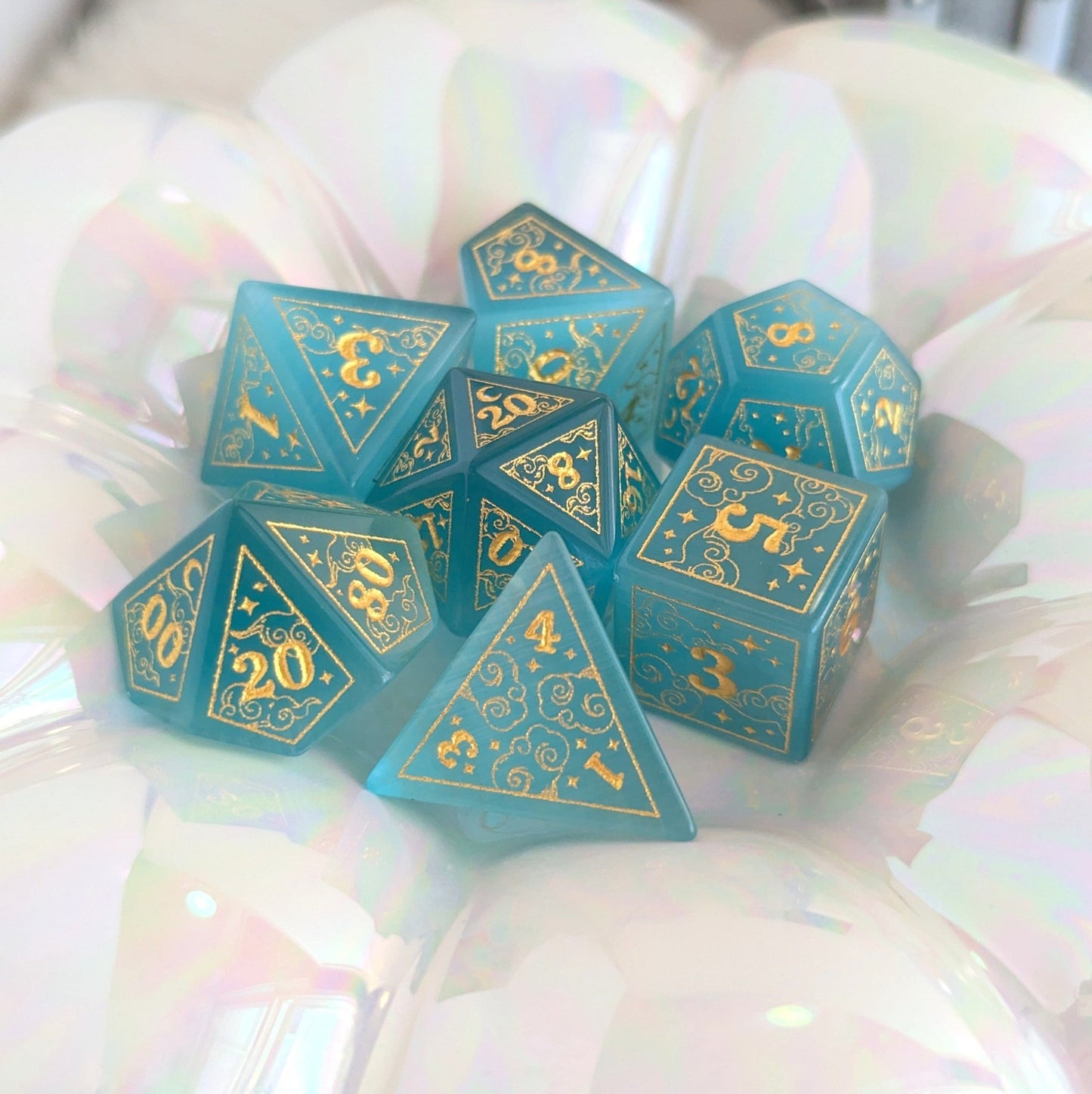 Dreamy Blue Cat's Eye Glass Dice Set – 7 - Piece Celestial DnD Dice with Gold Symbols | Fennek & Finch - Fennek and Finch