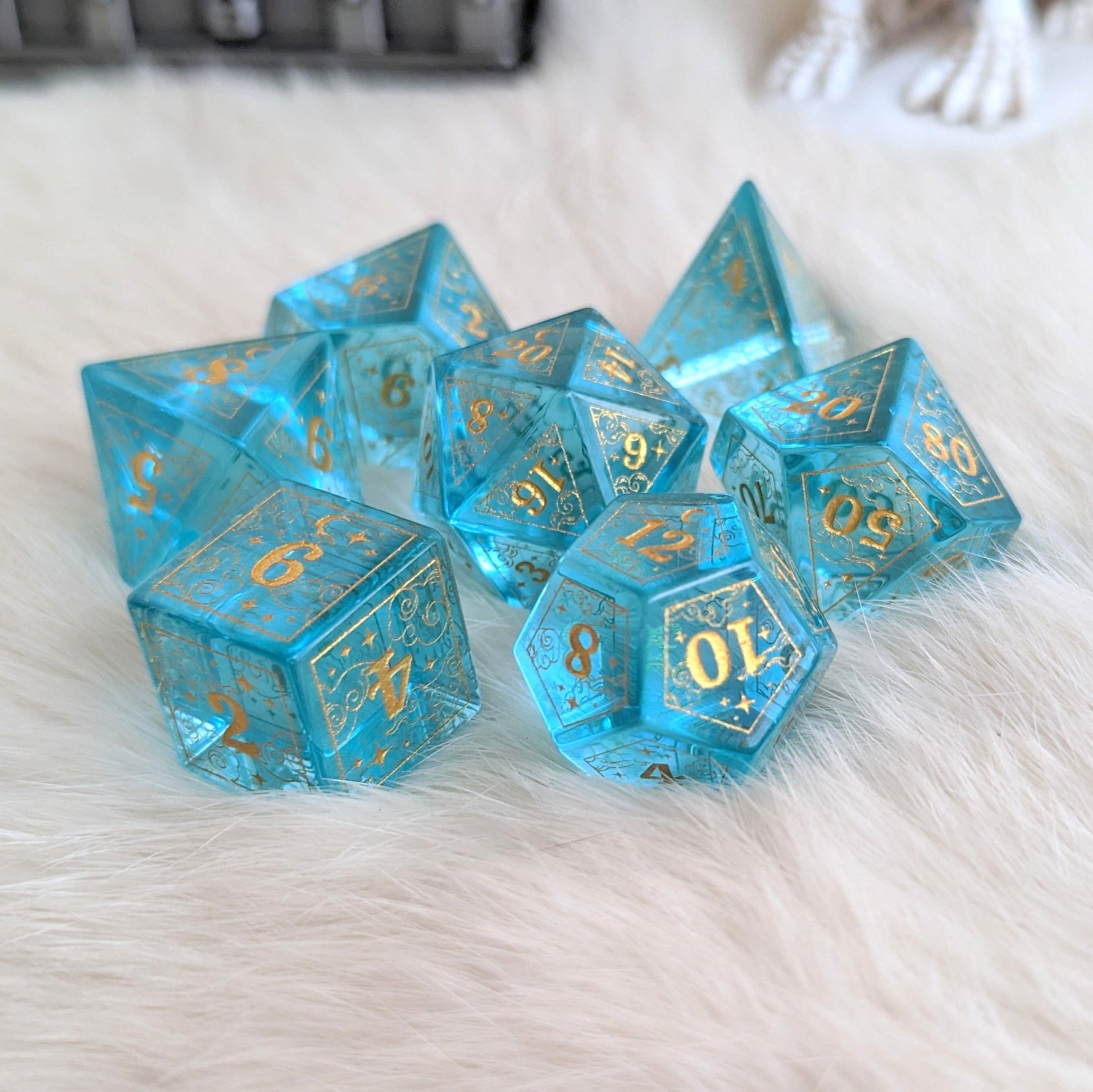 Dreamy Blue Glass Dice Set | Celestial DnD Dice with Gold Clouds, Moons, and Stars Dice Sets & Games Fennek and Finch