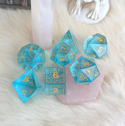 Dreamy Blue Glass Dice Set | Celestial DnD Dice with Gold Clouds, Moons, and Stars Dice Sets & Games Fennek and Finch