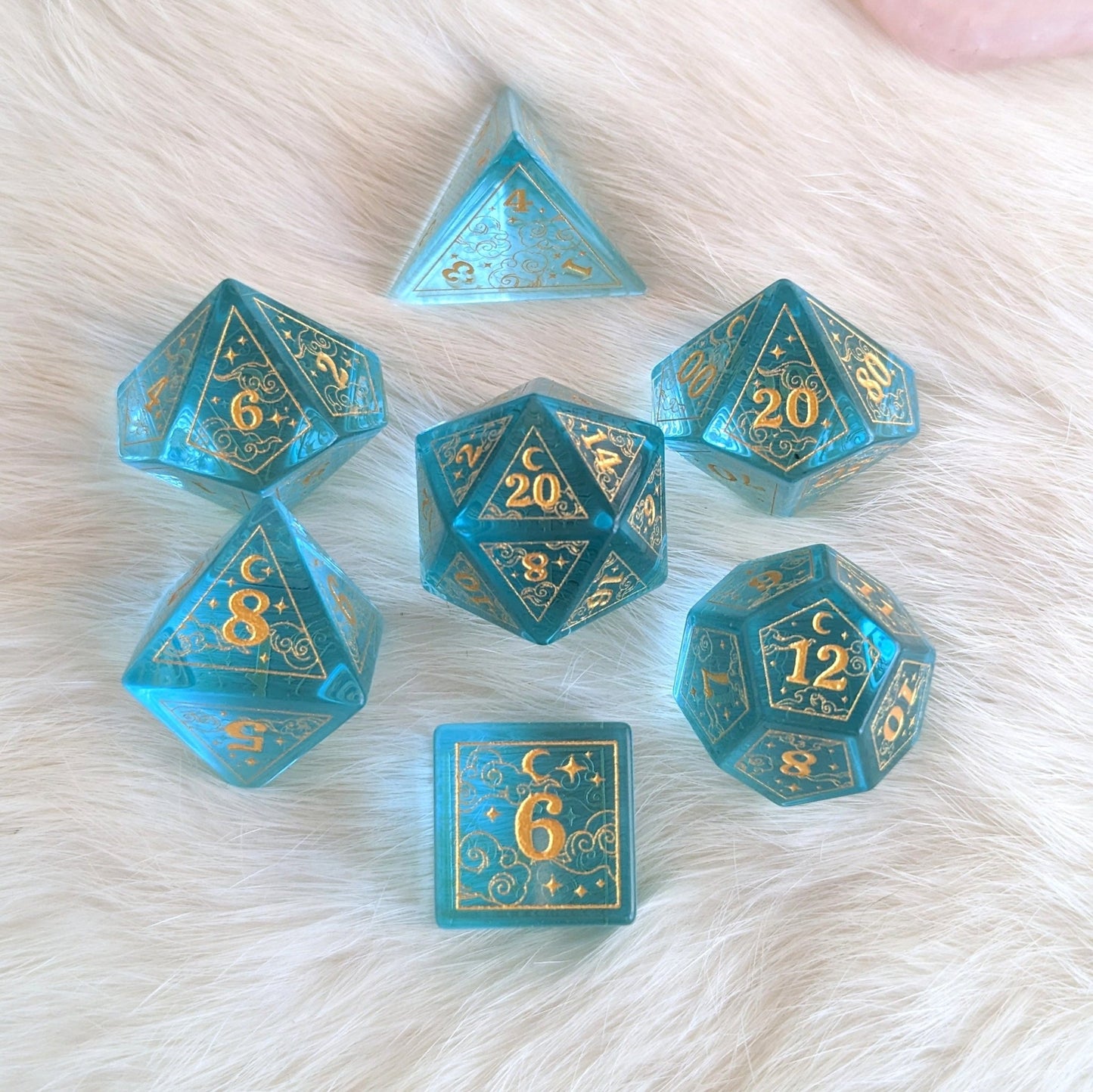 Dreamy Blue Glass Dice Set | Celestial DnD Dice with Gold Clouds, Moons, and Stars Dice Sets & Games Fennek and Finch