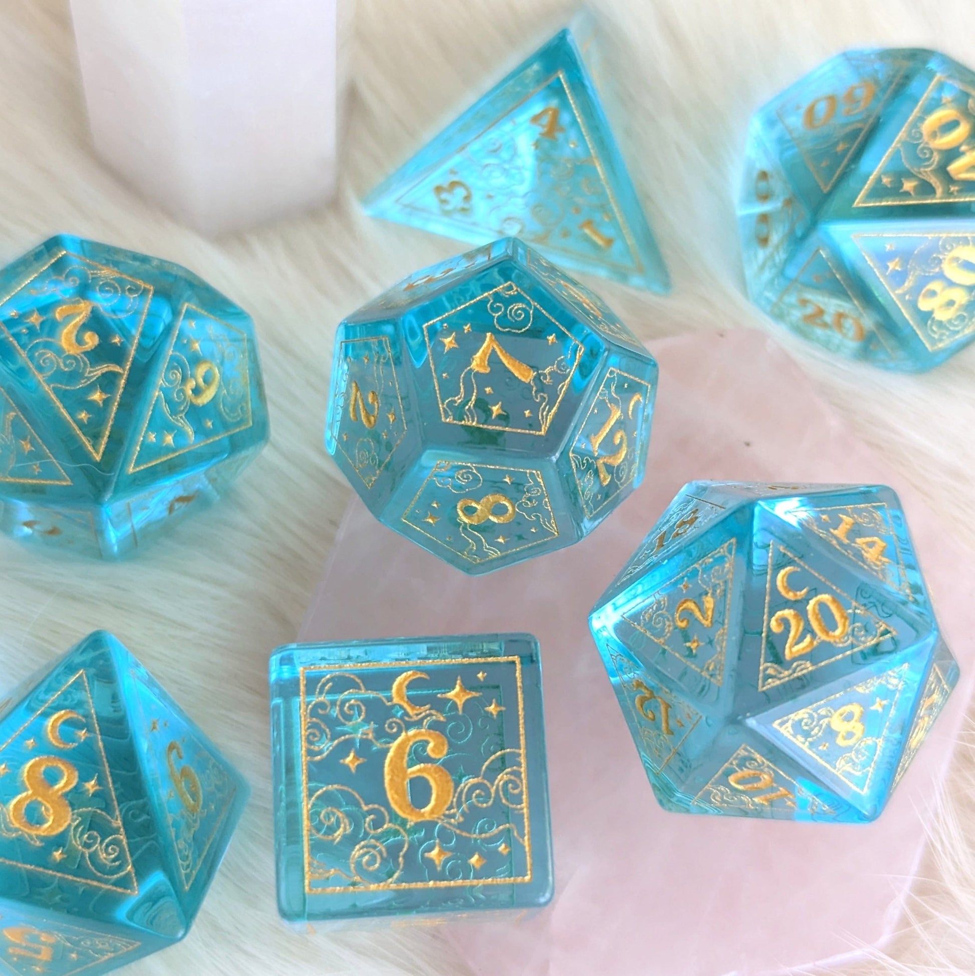 Dreamy Blue Glass Dice Set | Celestial DnD Dice with Gold Clouds, Moons, and Stars Dice Sets & Games Fennek and Finch