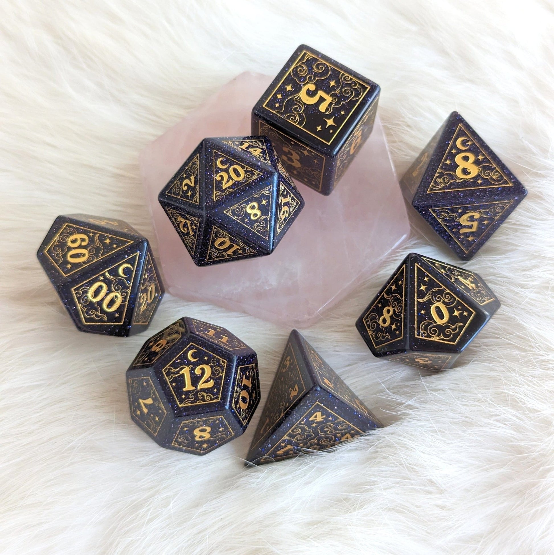 Dreamy Blue Sandstone Dice Set – 7 - Piece Gemstone DnD Dice with Gold Celestial Symbols | Fennek & Finch - Fennek and Finch