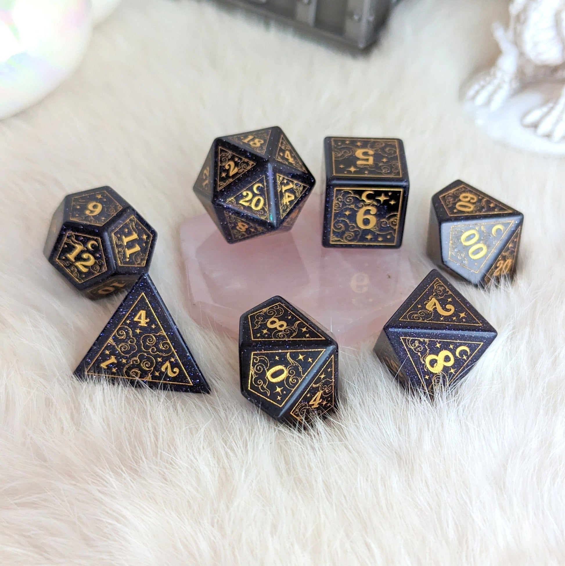 Dreamy Blue Sandstone Dice Set – 7 - Piece Gemstone DnD Dice with Gold Celestial Symbols | Fennek & Finch - Fennek and Finch