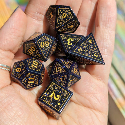 Dreamy Blue Sandstone Dice Set – 7 - Piece Gemstone DnD Dice with Gold Celestial Symbols | Fennek & Finch - Fennek and Finch