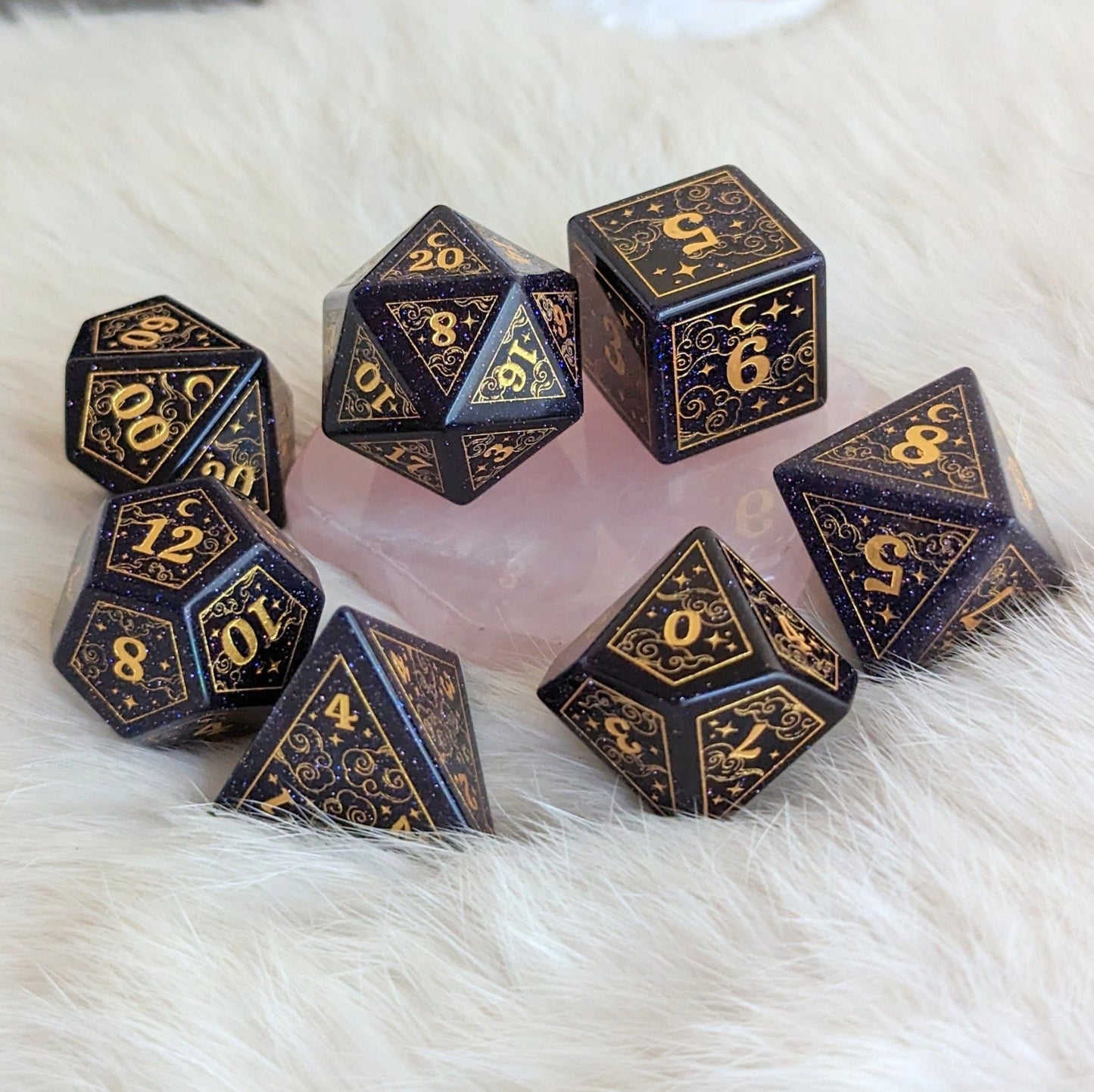 Dreamy Blue Sandstone Dice Set – 7 - Piece Gemstone DnD Dice with Gold Celestial Symbols | Fennek & Finch - Fennek and Finch