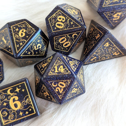 Dreamy Blue Sandstone Dice Set – 7 - Piece Gemstone DnD Dice with Gold Celestial Symbols | Fennek & Finch - Fennek and Finch