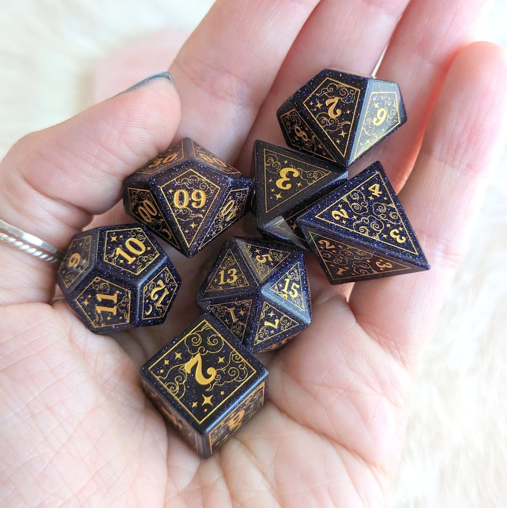 Dreamy Blue Sandstone Dice Set – 7 - Piece Gemstone DnD Dice with Gold Celestial Symbols | Fennek & Finch - Fennek and Finch