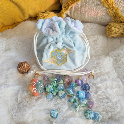 Dreamy Dice Bag – Multi - Pocket Blue White Velvet Pouch with D20 Moon | Fennek & Finch - Fennek and Finch