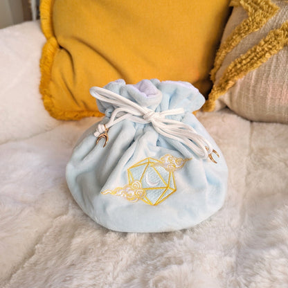 Dreamy Dice Bag – Multi - Pocket Blue White Velvet Pouch with D20 Moon | Fennek & Finch - Fennek and Finch