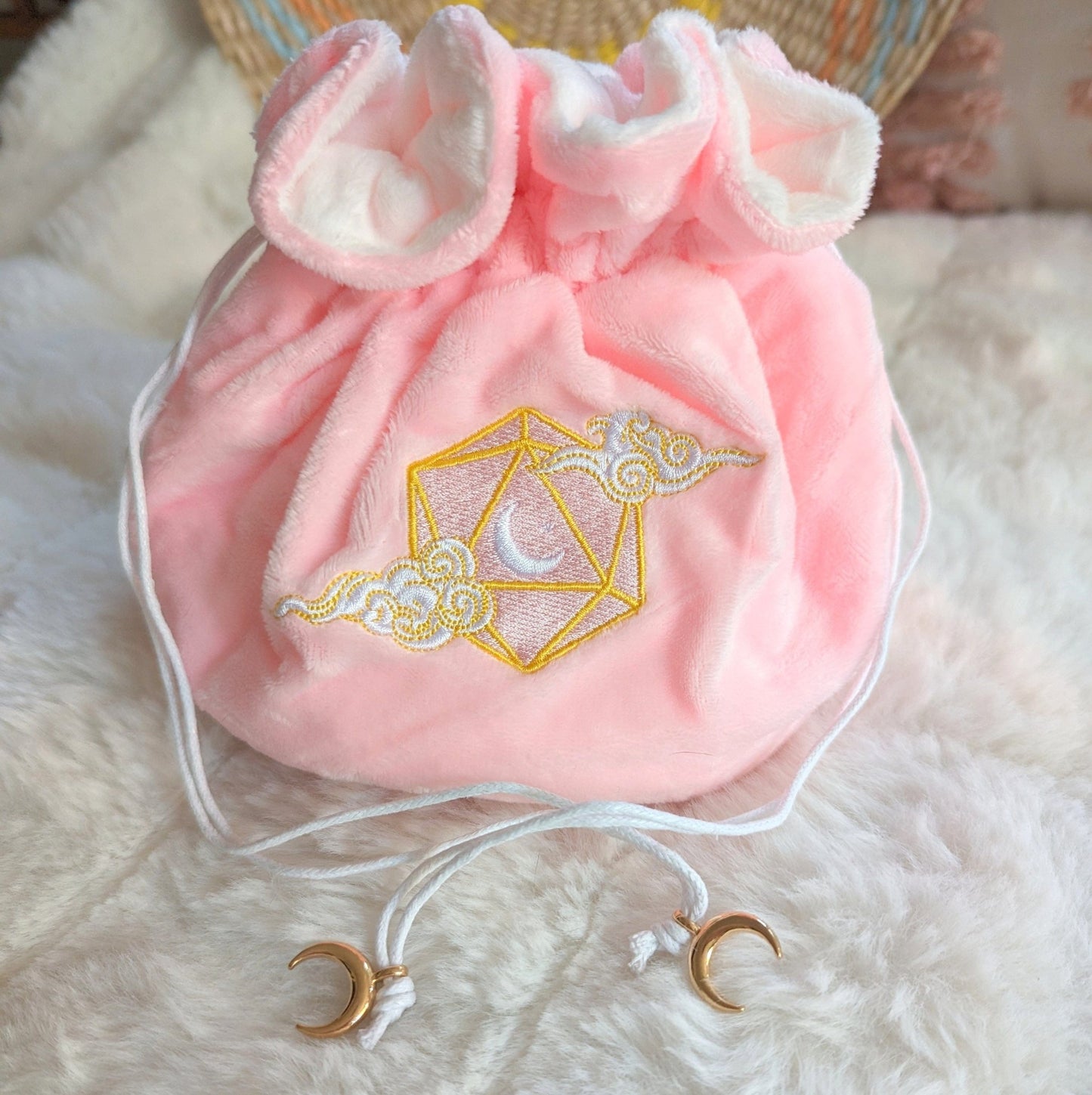 Dreamy Dice Bag – Multi - Pocket Pink White Velvet Pouch with D20 Moon | Fennek & Finch - Fennek and Finch