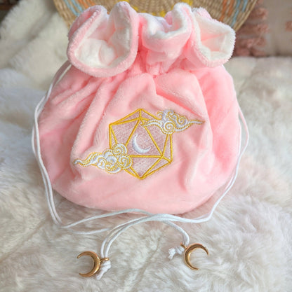 Dreamy Dice Bag – Multi - Pocket Pink White Velvet Pouch with D20 Moon | Fennek & Finch - Fennek and Finch