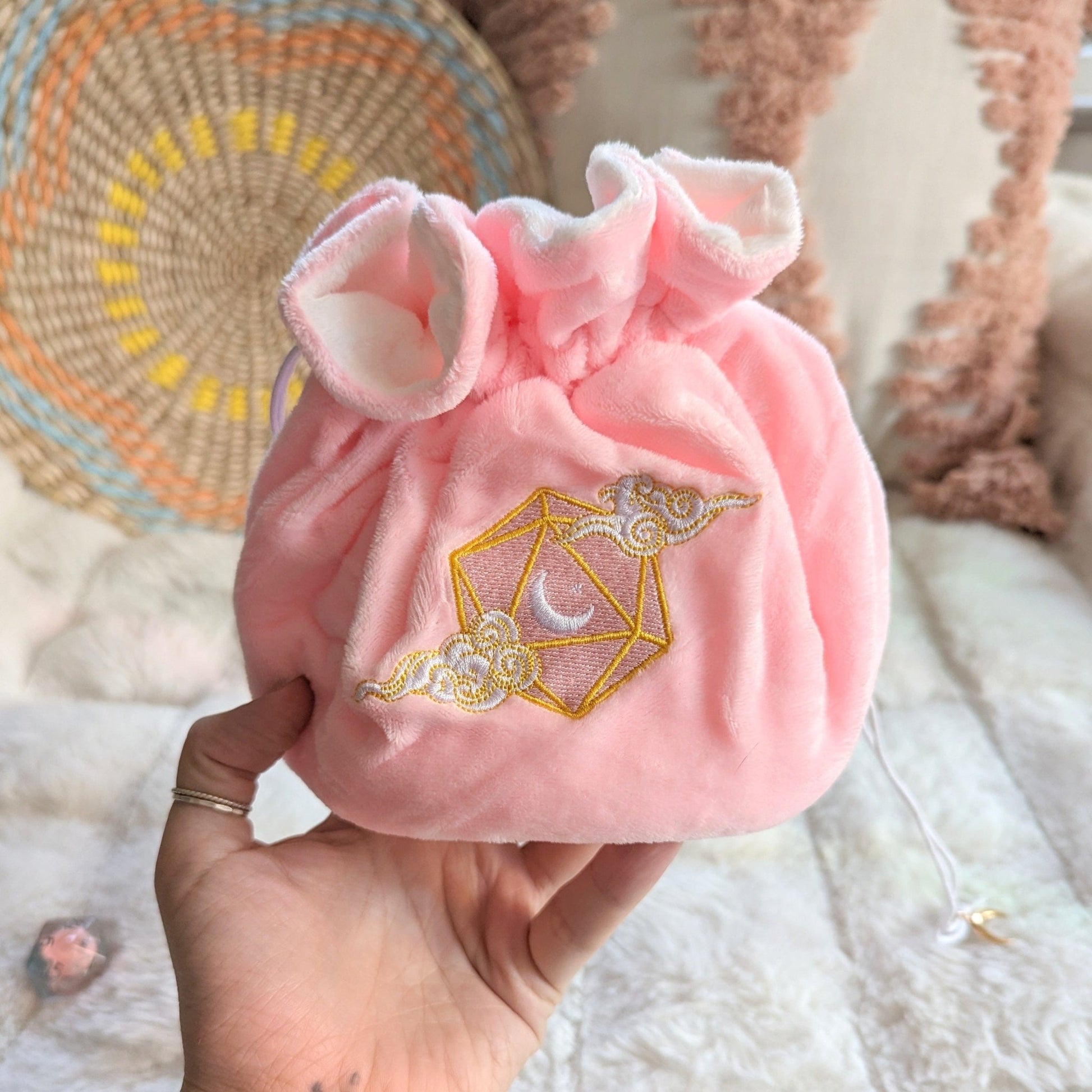 Dreamy Dice Bag – Multi - Pocket Pink White Velvet Pouch with D20 Moon | Fennek & Finch - Fennek and Finch