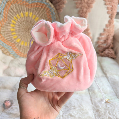 Dreamy Dice Bag – Multi - Pocket Pink White Velvet Pouch with D20 Moon | Fennek & Finch - Fennek and Finch