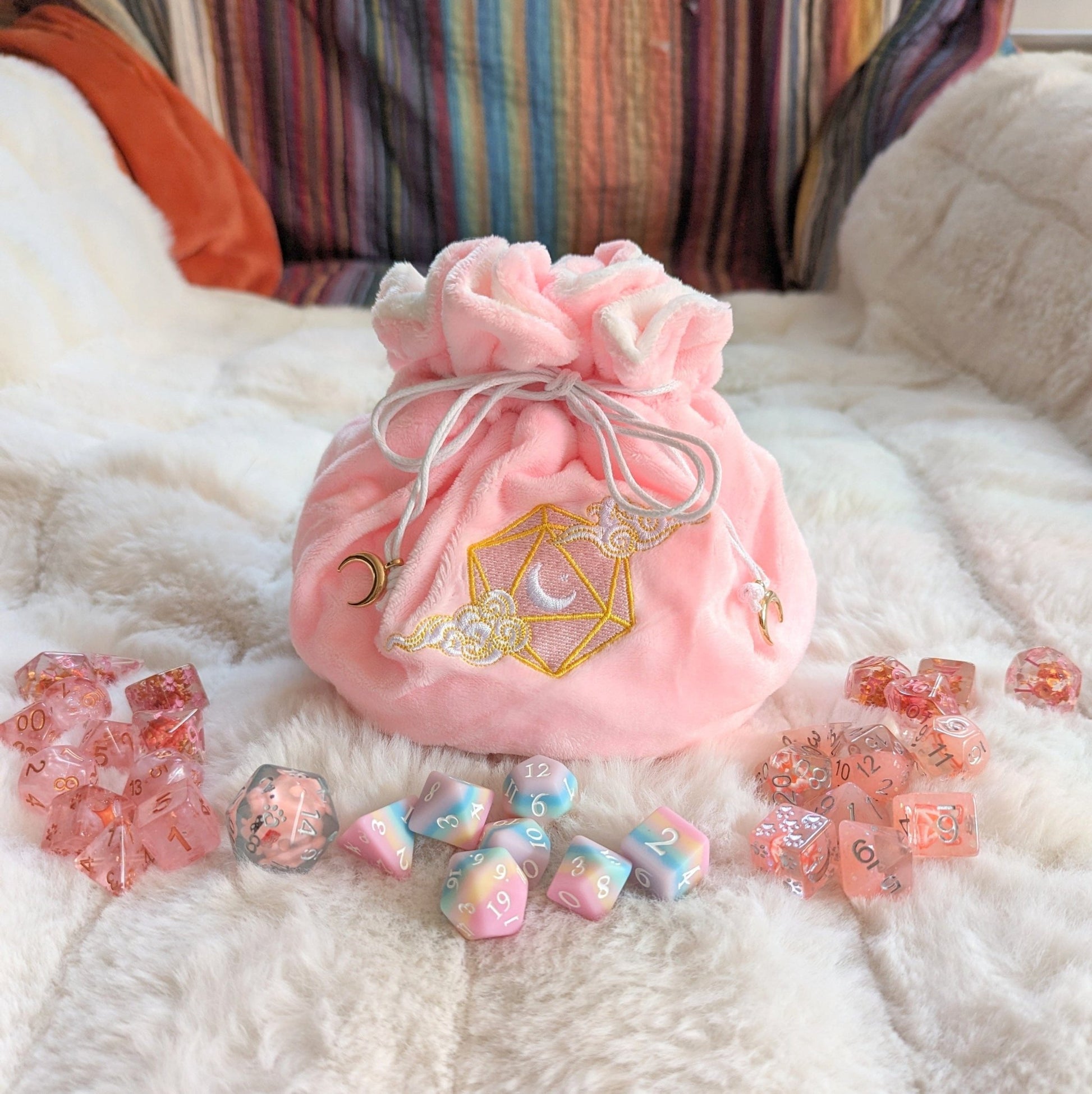 Dreamy Dice Bag – Multi - Pocket Pink White Velvet Pouch with D20 Moon | Fennek & Finch - Fennek and Finch
