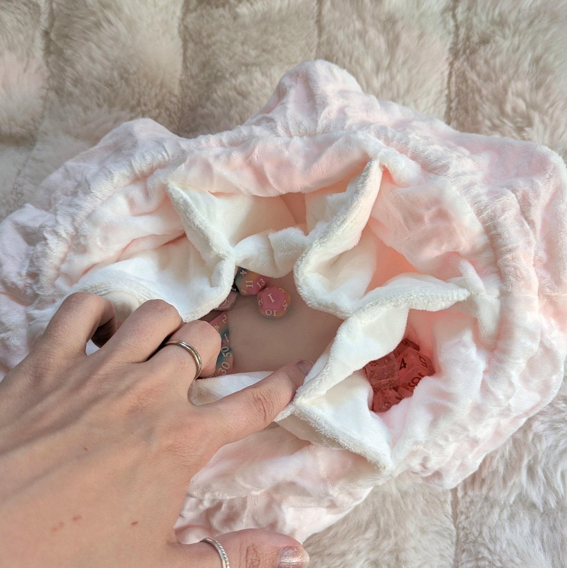 Dreamy Dice Bag – Multi - Pocket Pink White Velvet Pouch with D20 Moon | Fennek & Finch - Fennek and Finch