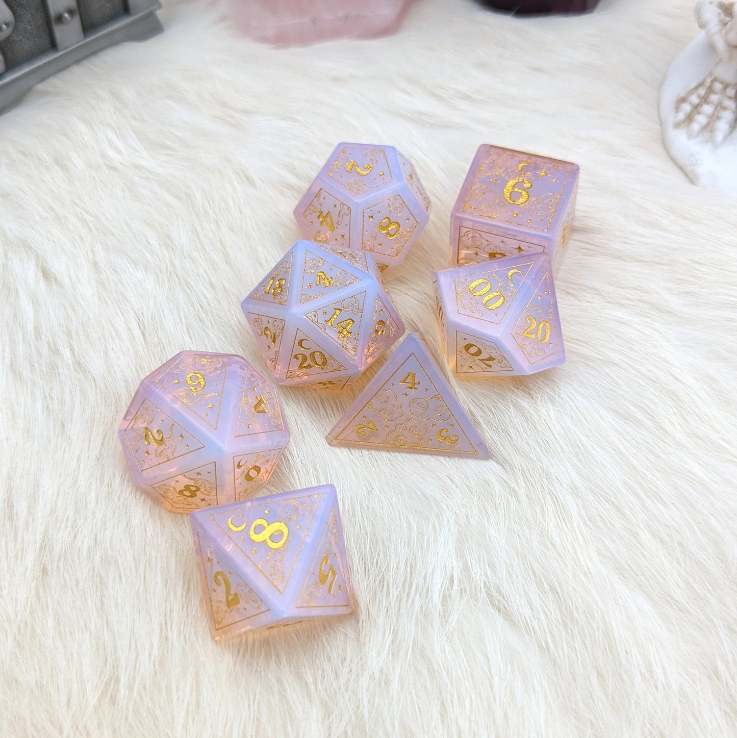 Dreamy Glowing Pink Opalite Dice Set. Cloud and Moon Engraved Glass Dice
