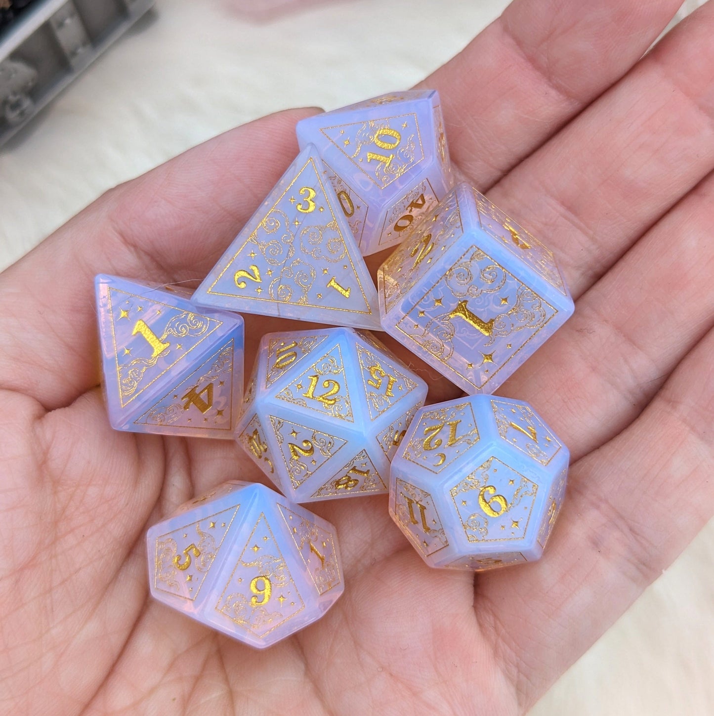 Dreamy Glowing Pink Opalite Dice Set. Cloud and Moon Engraved Glass Dice