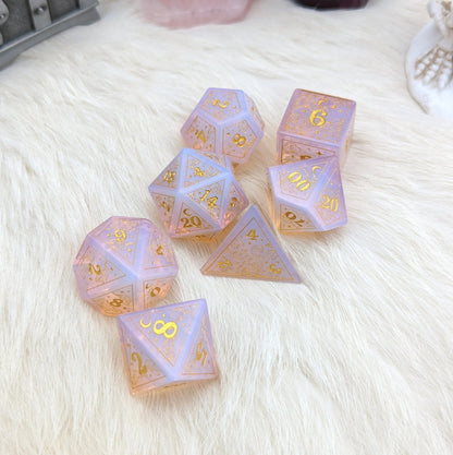 Dreamy Glowing Pink Opalite Dice Set – Cloud and Moon Engraved Glass Dice | Fennek & Finch - Fennek and Finch