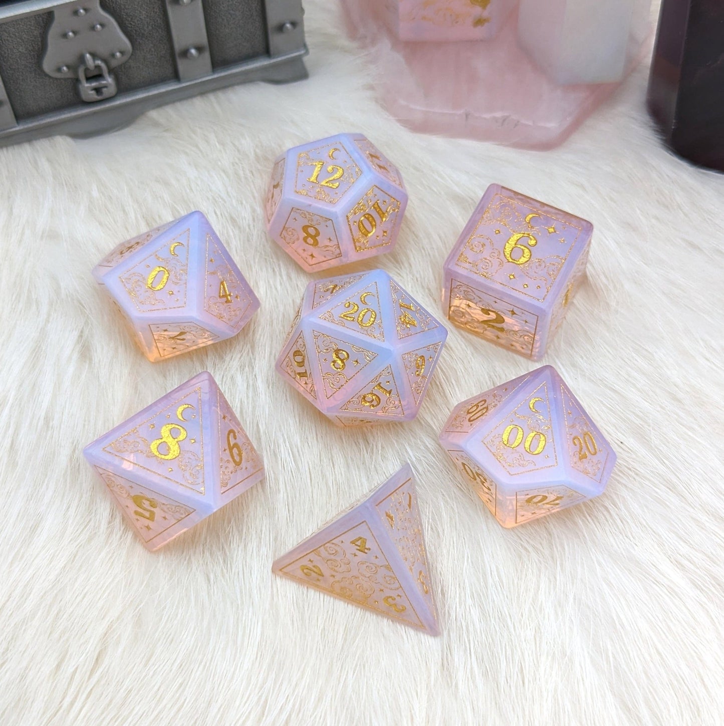 Dreamy Glowing Pink Opalite Dice Set – Cloud and Moon Engraved Glass Dice | Fennek & Finch - Fennek and Finch