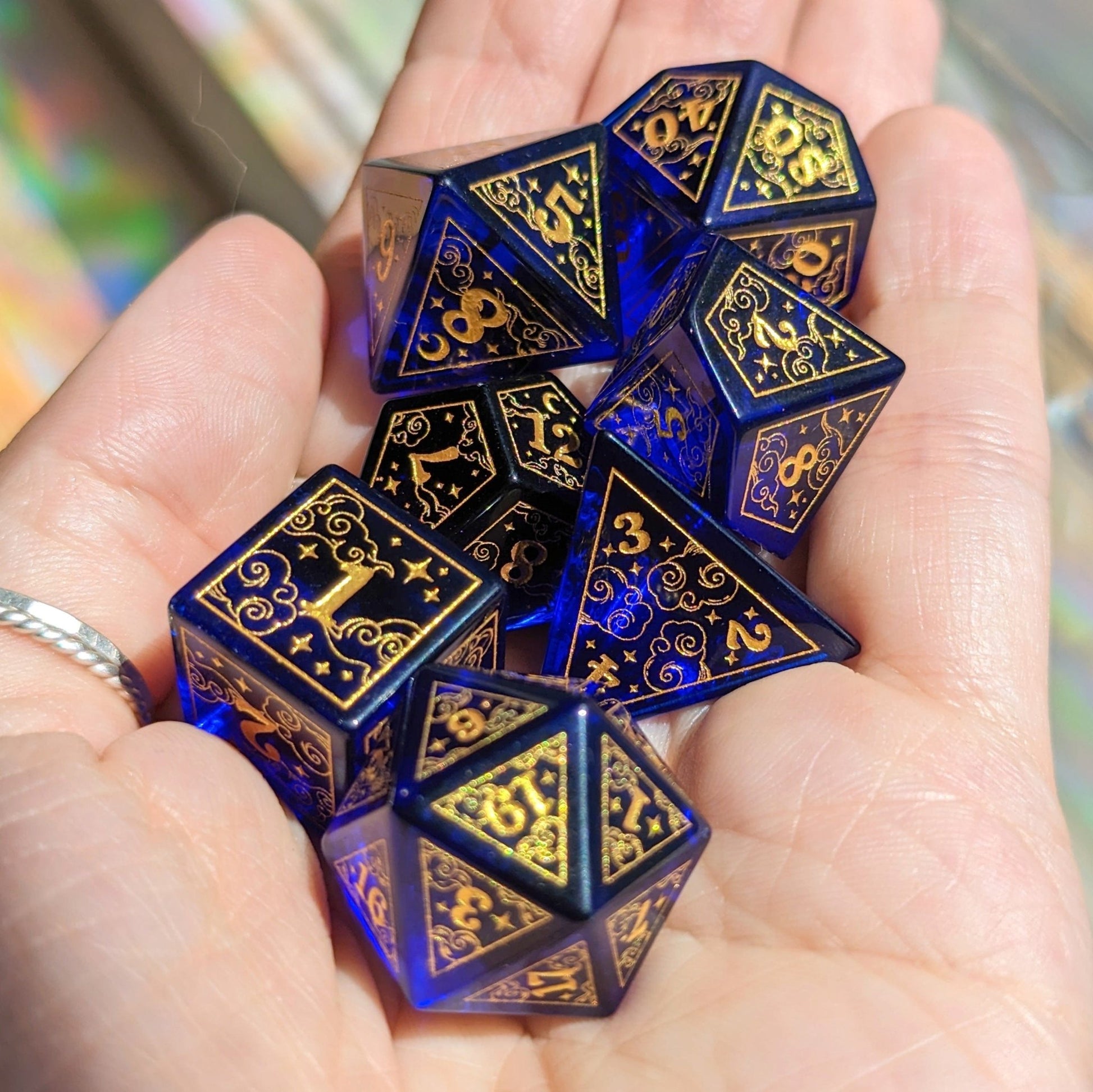 Dreamy Indigo Glass Dice Set – 7 - Piece Celestial DnD Dice with Gold Stars | Fennek & Finch - Fennek and Finch