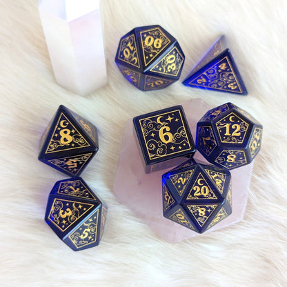Dreamy Indigo Glass Dice Set – 7 - Piece Celestial DnD Dice with Gold Stars | Fennek & Finch - Fennek and Finch