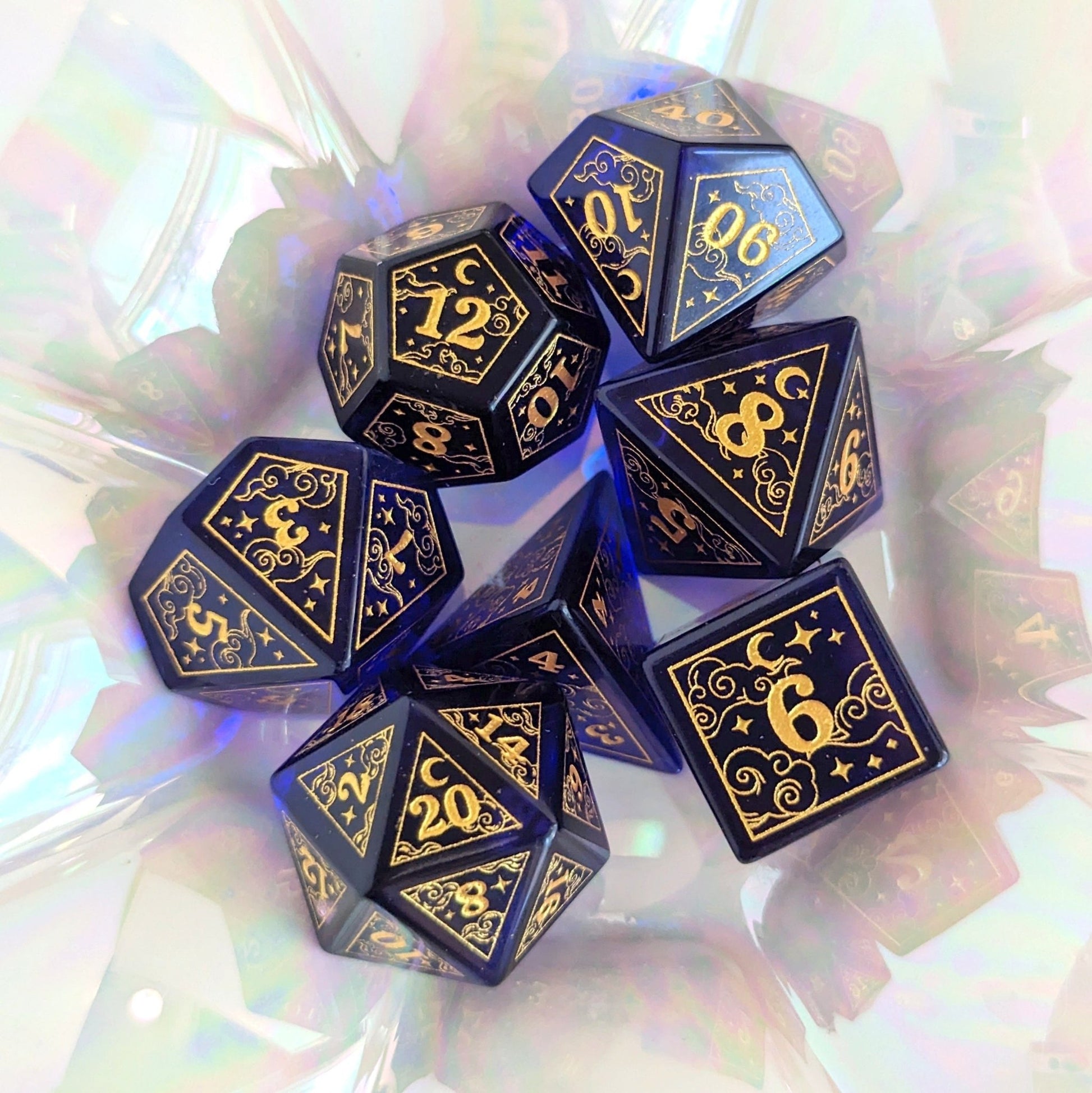 Dreamy Indigo Glass Dice Set – 7 - Piece Celestial DnD Dice with Gold Stars | Fennek & Finch - Fennek and Finch