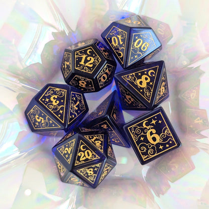 Dreamy Indigo Glass Dice Set – 7 - Piece Celestial DnD Dice with Gold Stars | Fennek & Finch - Fennek and Finch
