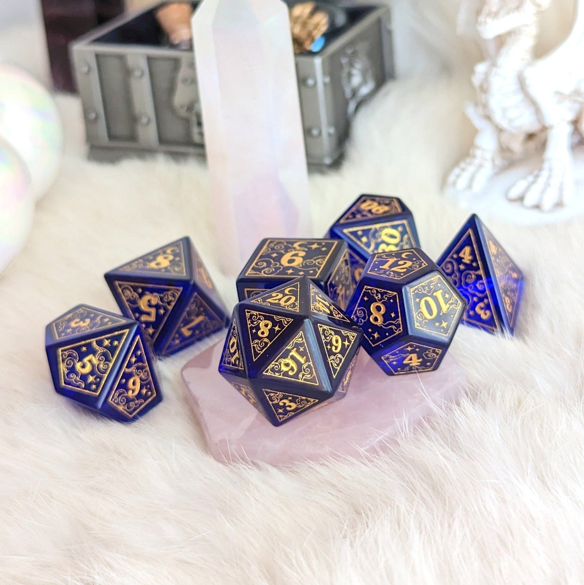 Dreamy Indigo Glass Dice Set – 7 - Piece Celestial DnD Dice with Gold Stars | Fennek & Finch - Fennek and Finch
