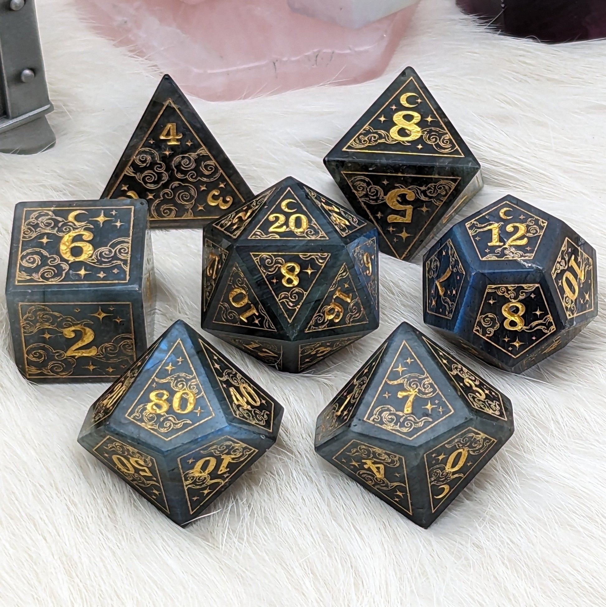 Dreamy Labradorite Dice Set – Cloud and Moon Engraved Gemstone DnD Dice | Fennek & Finch - Fennek and Finch