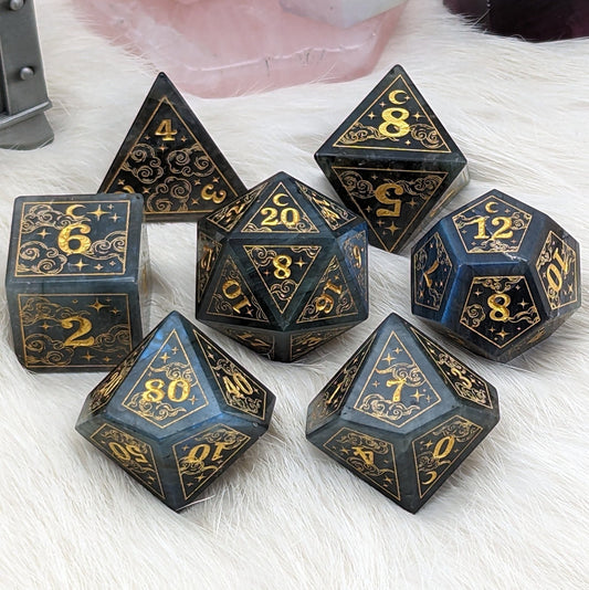 Dreamy Labradorite Dice Set – Cloud and Moon Engraved Gemstone DnD Dice | Fennek & Finch - Fennek and Finch