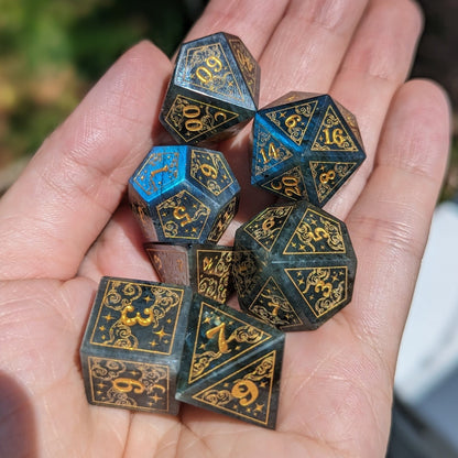 Dreamy Labradorite Dice Set – Cloud and Moon Engraved Gemstone DnD Dice | Fennek & Finch - Fennek and Finch