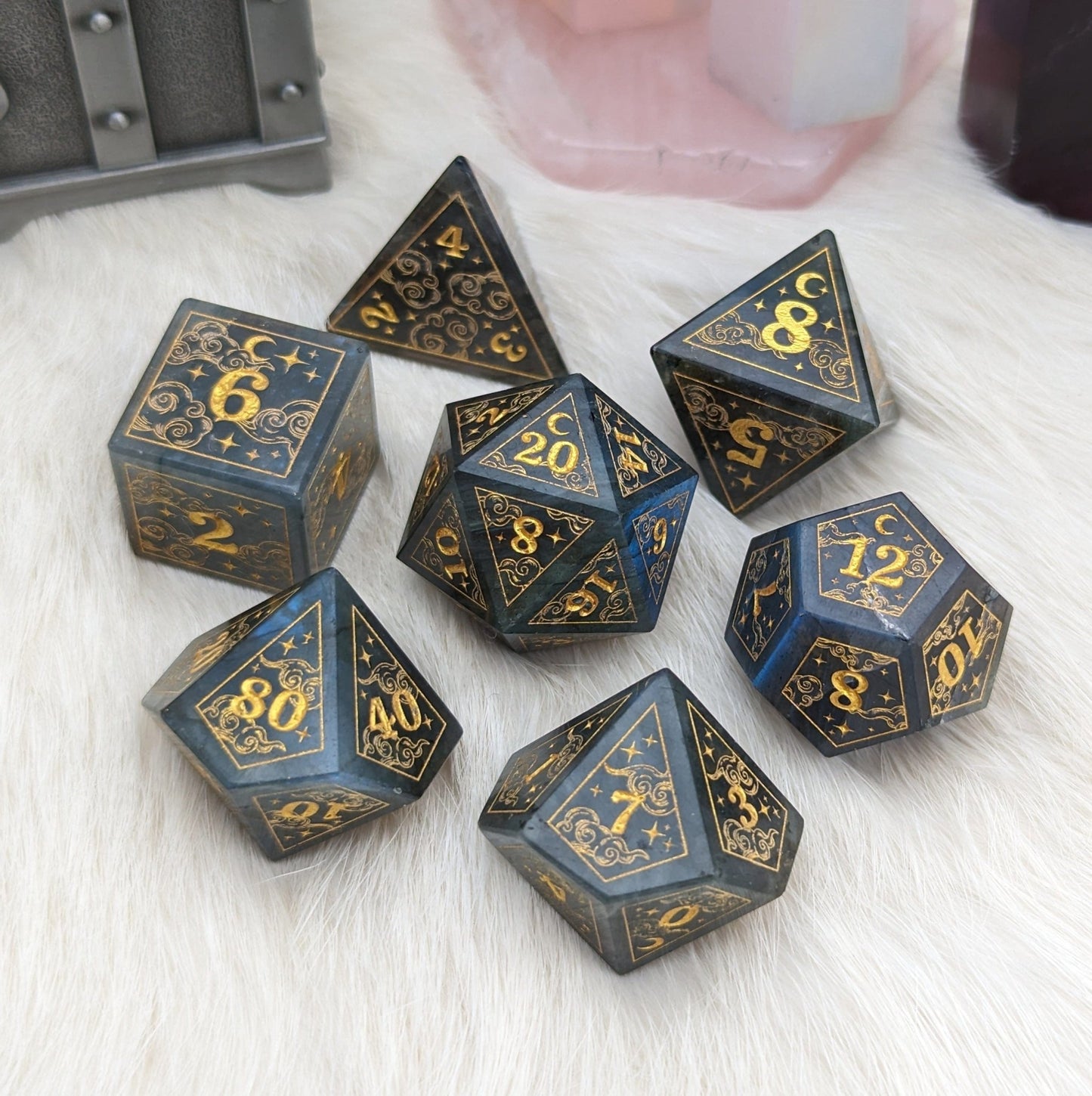 Dreamy Labradorite Dice Set – Cloud and Moon Engraved Gemstone DnD Dice | Fennek & Finch - Fennek and Finch