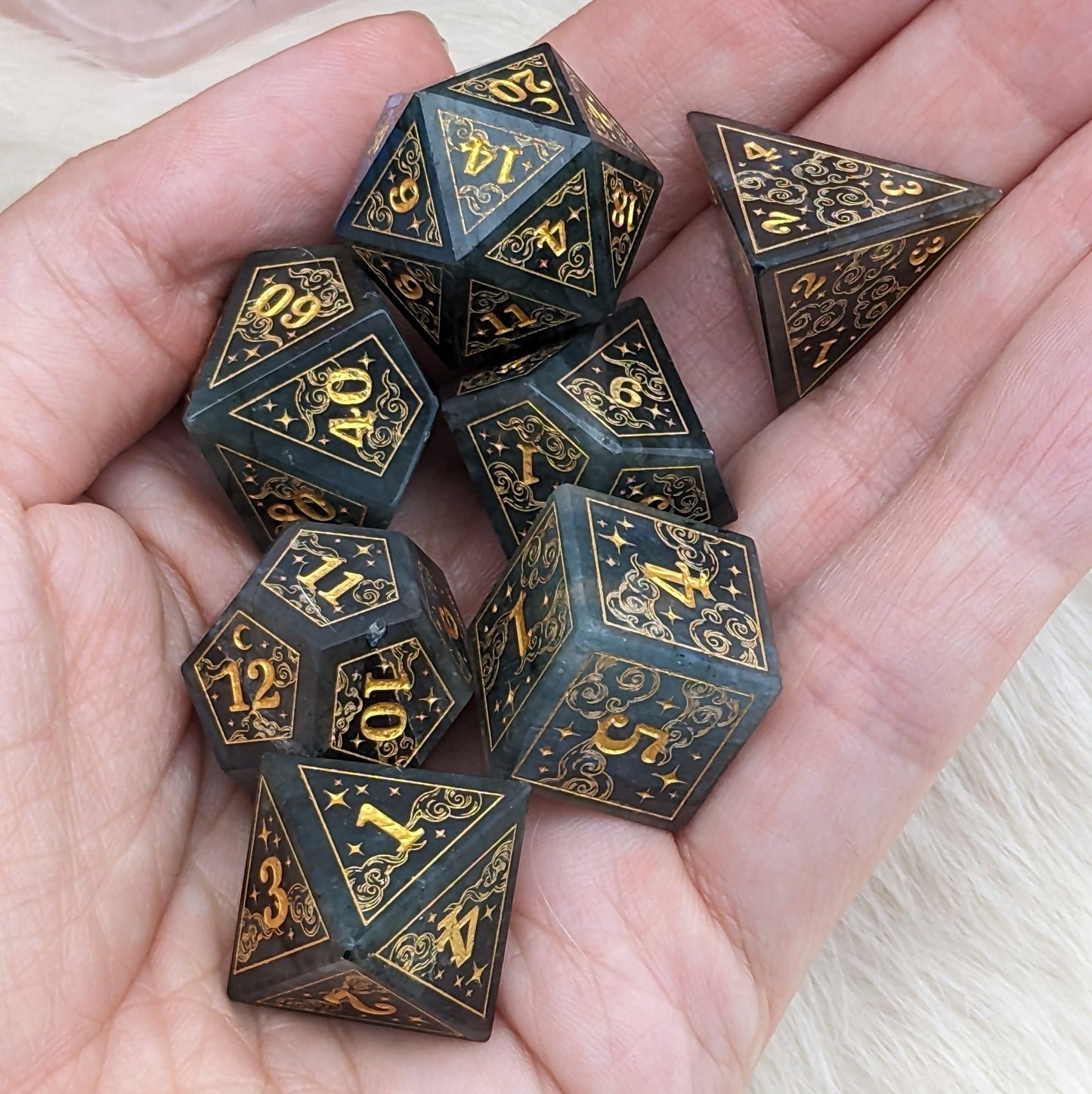 Dreamy Labradorite Dice Set – Cloud and Moon Engraved Gemstone DnD Dice | Fennek & Finch - Fennek and Finch
