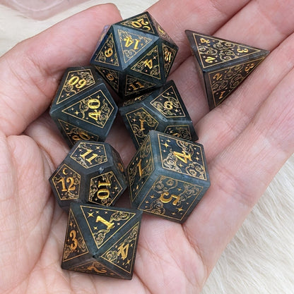 Dreamy Labradorite Dice Set – Cloud and Moon Engraved Gemstone DnD Dice | Fennek & Finch - Fennek and Finch