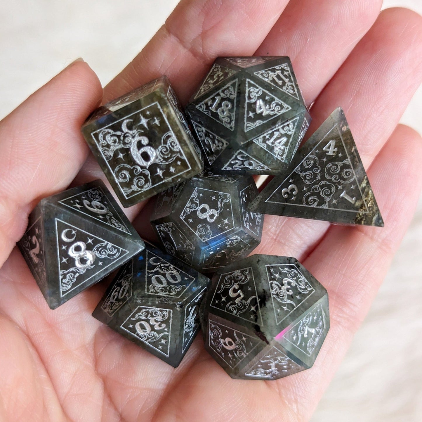 Dreamy Labradorite Dice Set – Gemstone DnD Dice with Silver Font | Fennek & Finch - Fennek and Finch