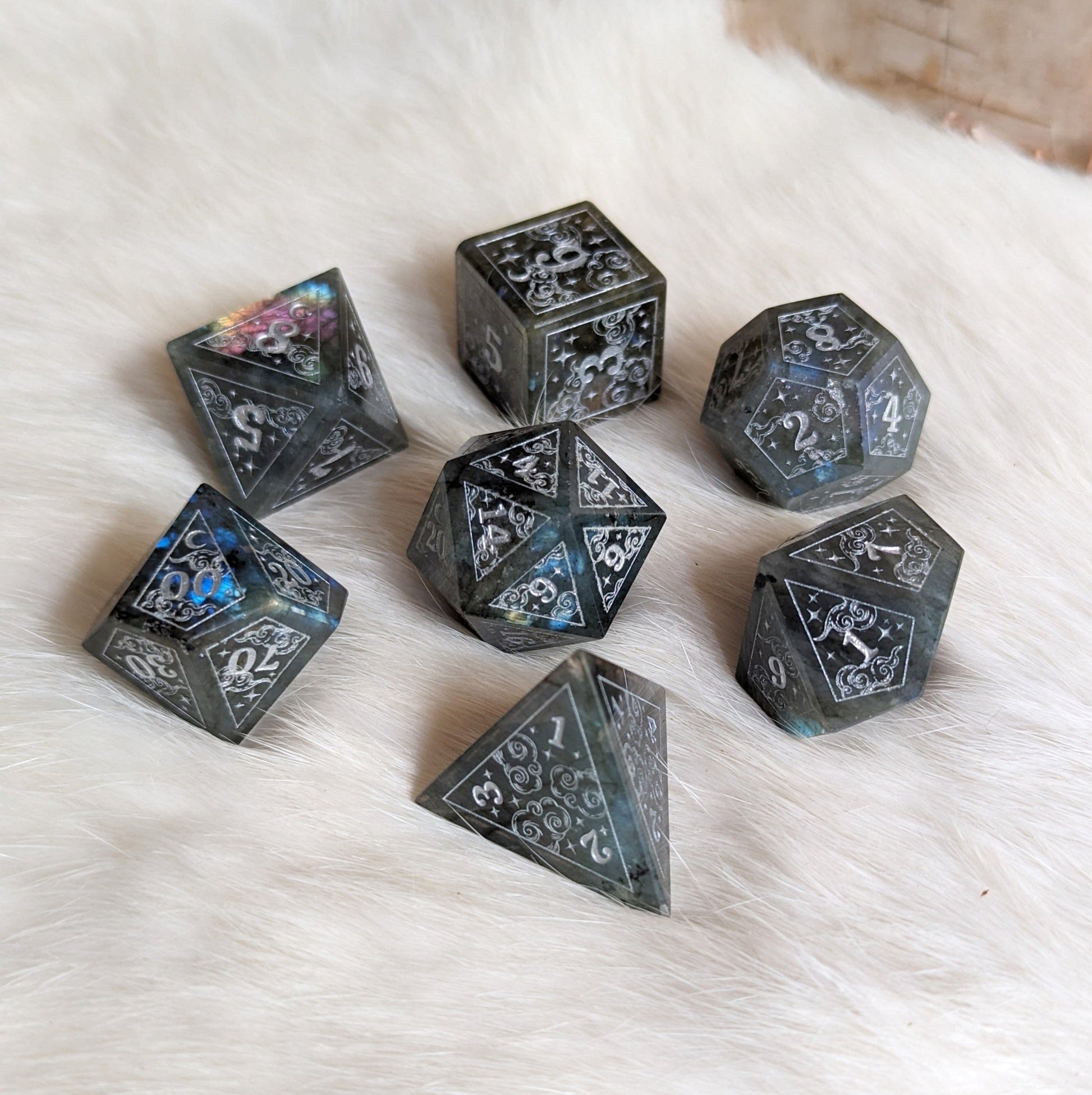 Dreamy Labradorite Dice Set – Gemstone DnD Dice with Silver Font | Fennek & Finch - Fennek and Finch