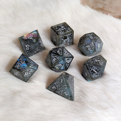 Dreamy Labradorite Dice Set – Gemstone DnD Dice with Silver Font | Fennek & Finch - Fennek and Finch