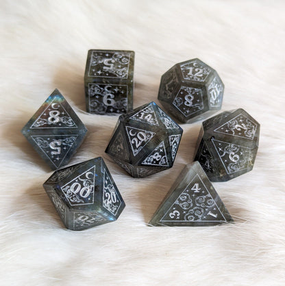 Dreamy Labradorite Dice Set – Gemstone DnD Dice with Silver Font | Fennek & Finch - Fennek and Finch
