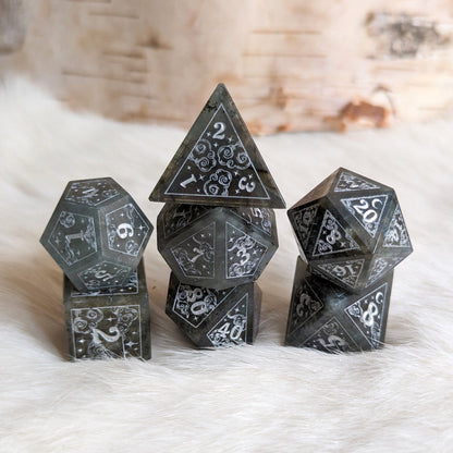 Dreamy Labradorite Dice Set – Gemstone DnD Dice with Silver Font | Fennek & Finch - Fennek and Finch