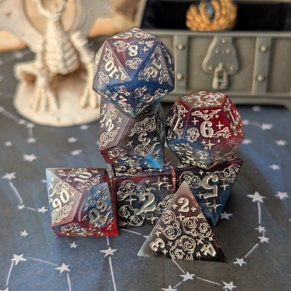 Dreamy Night Sky Dice Set – Sharp Edge Blue Burgundy Resin with Cloud and Moon Etching - Fennek and Finch