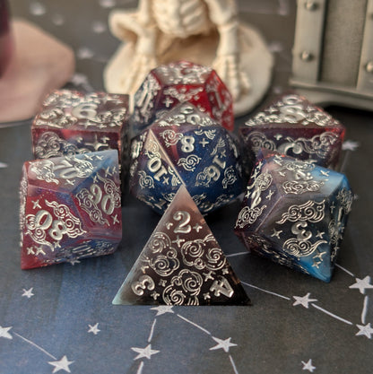 Dreamy Night Sky Dice Set – Sharp Edge Blue Burgundy Resin with Cloud and Moon Etching - Fennek and Finch
