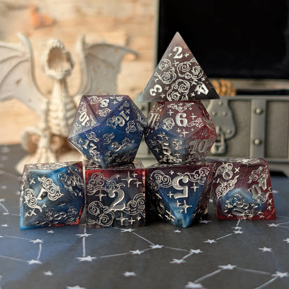 Dreamy Night Sky Dice Set – Sharp Edge Blue Burgundy Resin with Cloud and Moon Etching - Fennek and Finch