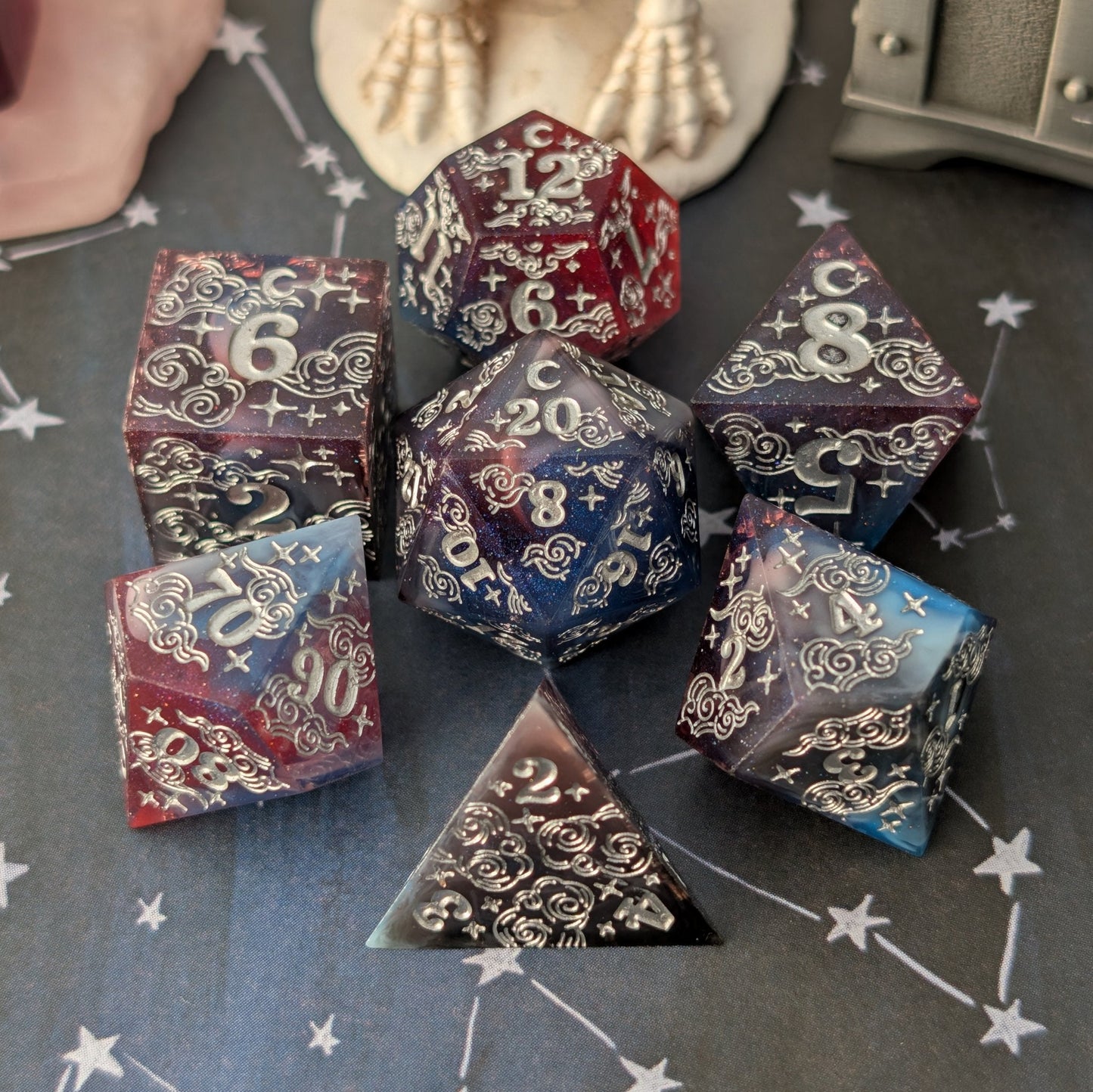 Dreamy Night Sky Dice Set – Sharp Edge Blue Burgundy Resin with Cloud and Moon Etching - Fennek and Finch
