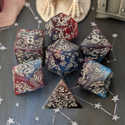 Dreamy Night Sky Dice Set – Sharp Edge Blue Burgundy Resin with Cloud and Moon Etching - Fennek and Finch