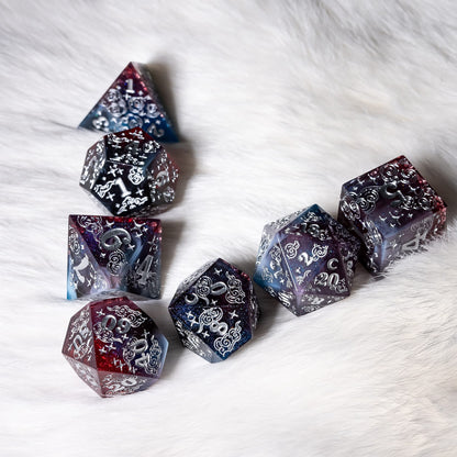 Dreamy Indigo Sky 7 Piece Dice Set – Sharp Edge Blue Burgundy Resin with Cloud and Moon Etching Dice Sets & Games Fennek and Finch