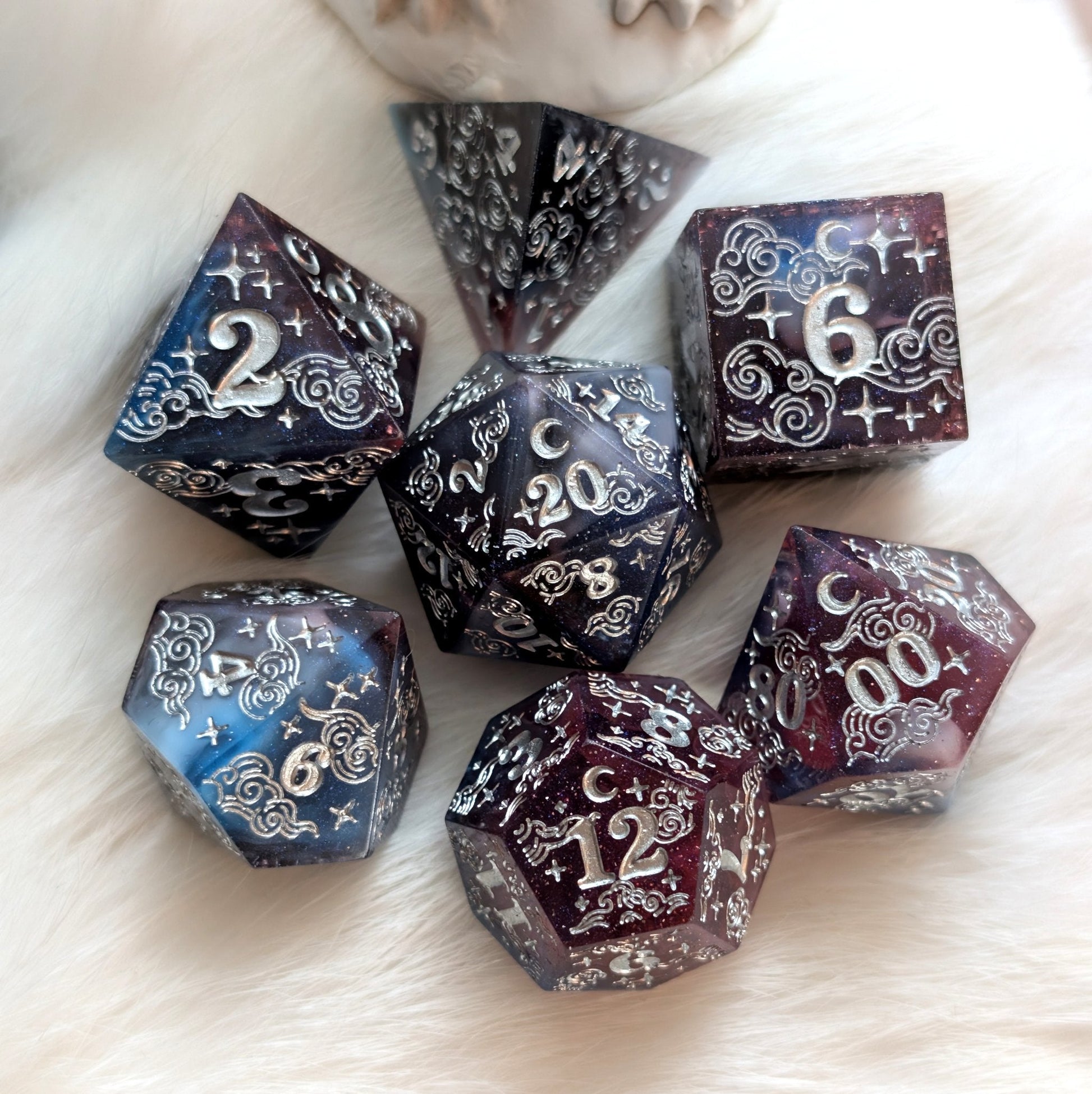 Dreamy Night Sky Dice Set – Sharp Edge Blue Burgundy Resin with Cloud and Moon Etching - Fennek and Finch