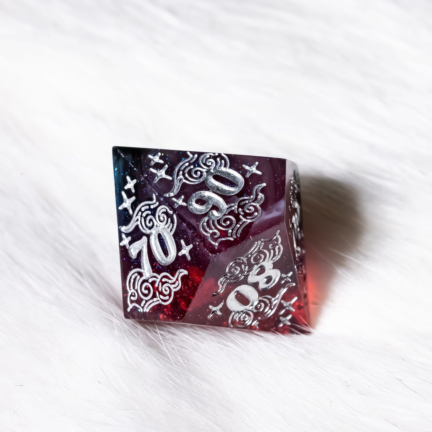 Dreamy Indigo Sky 7 Piece Dice Set – Sharp Edge Blue Burgundy Resin with Cloud and Moon Etching Dice Sets & Games Fennek and Finch